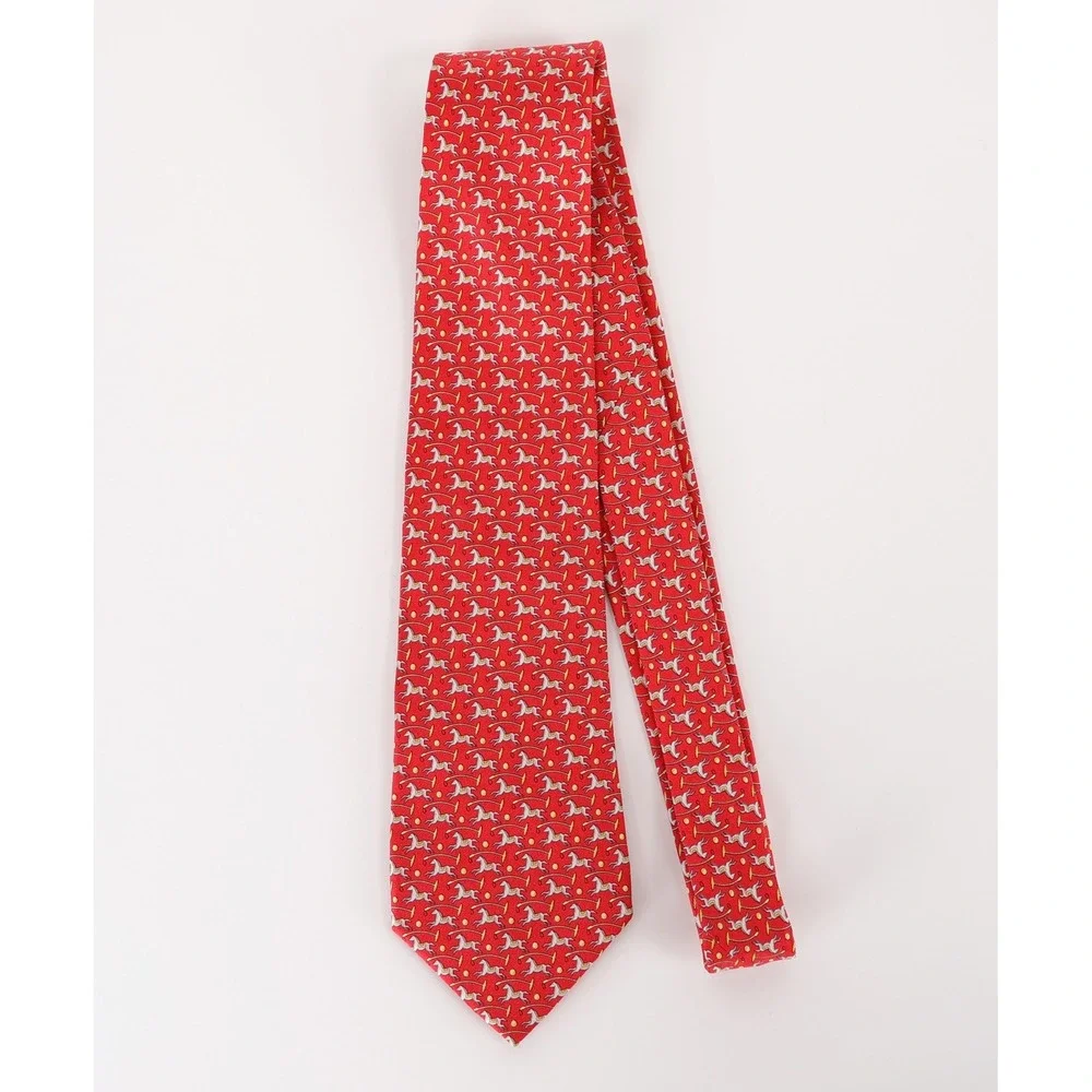 Salvatore Ferragamo Silk Necktie Tie Red Horse Equestrian Novelty Print Italy